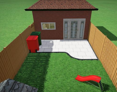 Porcelain Patio with freshly laid turf