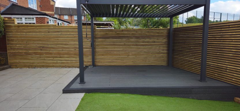 Porcelain, Composite decking, Aluminium pergola, screened fence