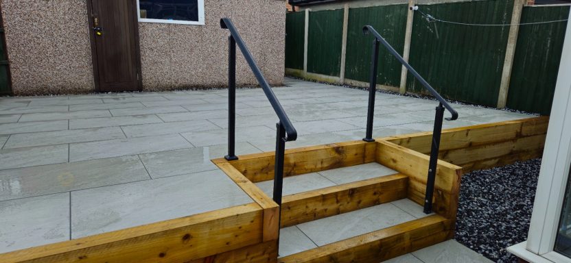 Raised patio, porcelain slabs & Turf
