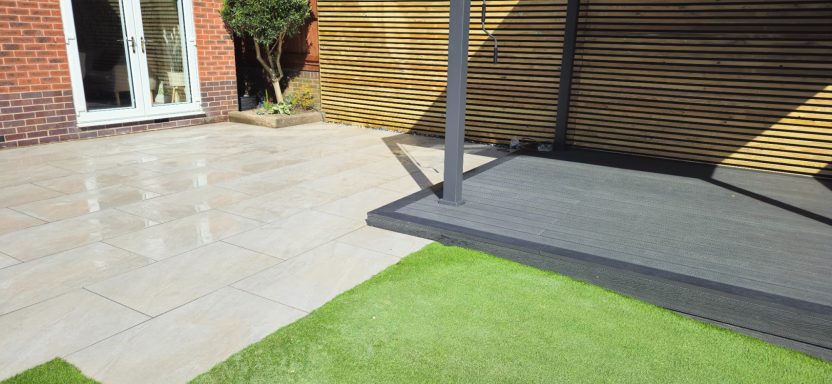 Porcelain, Composite decking, Aluminium pergola, screened fence